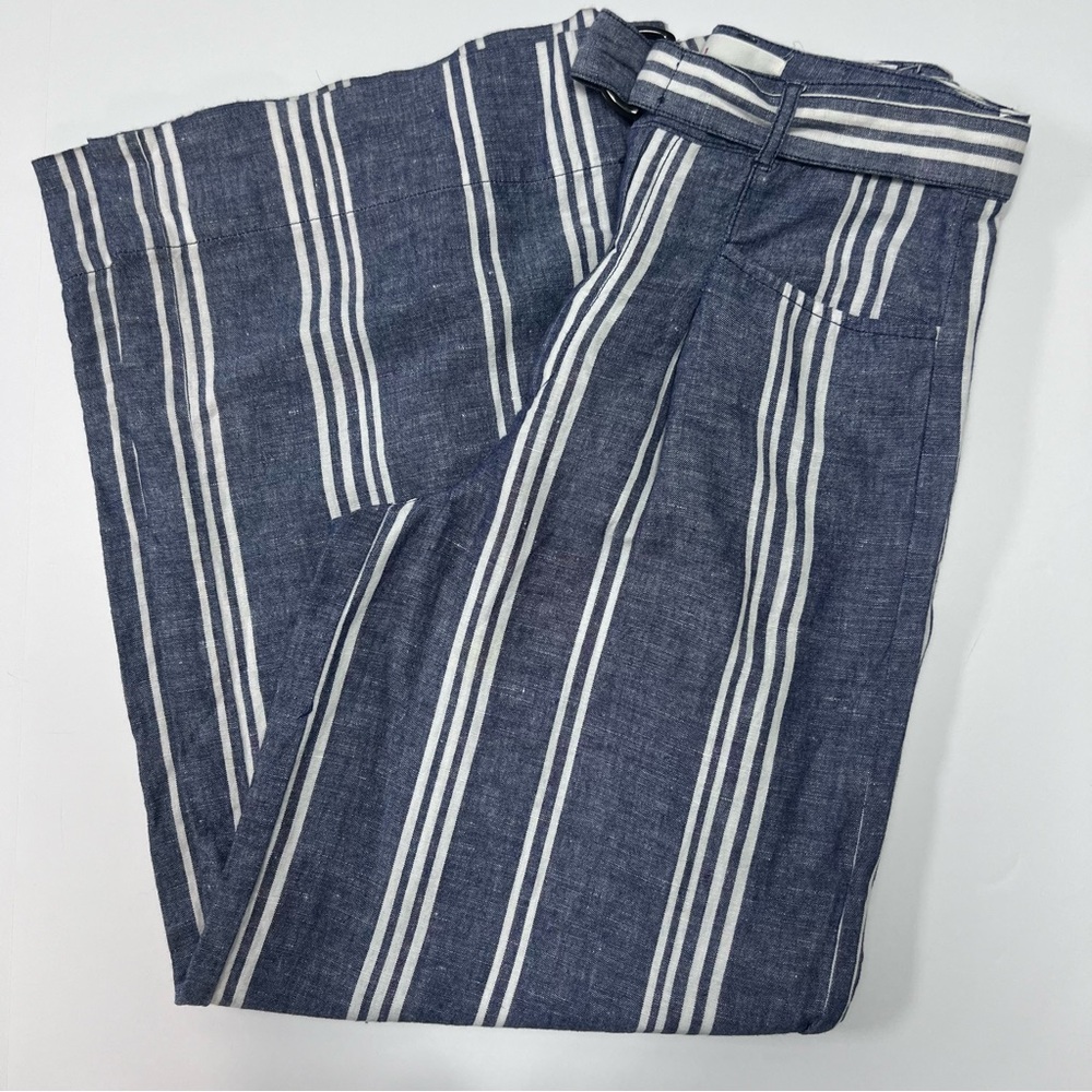 Anthropologie Linen Blend Striped Wide Leg Pants Belted Blue White Size 2